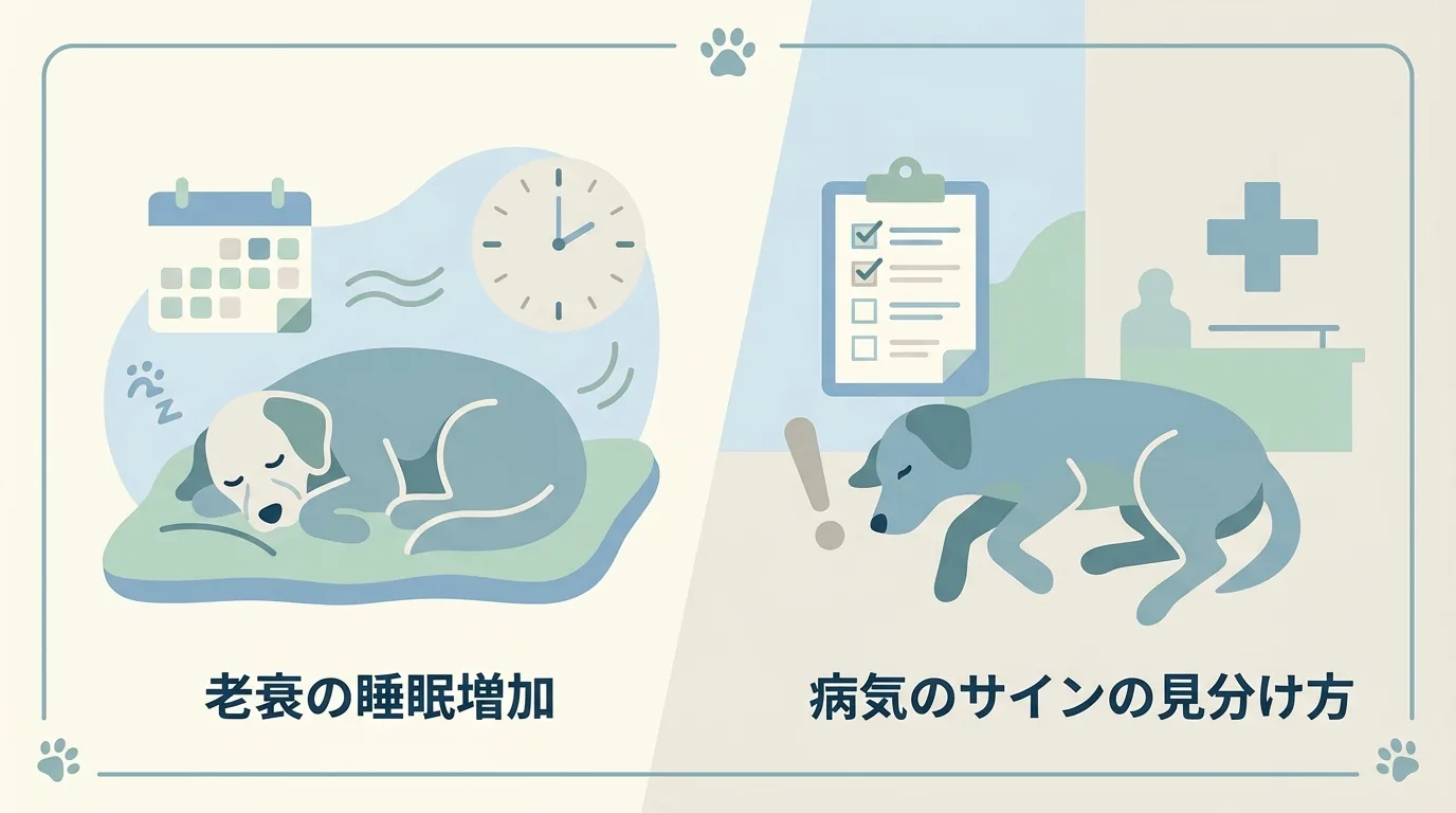老衰の睡眠増加と病気のサインの見分け方の図解 — 数か月かけて少しずつ増えた場合と、ここ1〜2週間で急に増えた場合の違い / 老犬 寝てばかり