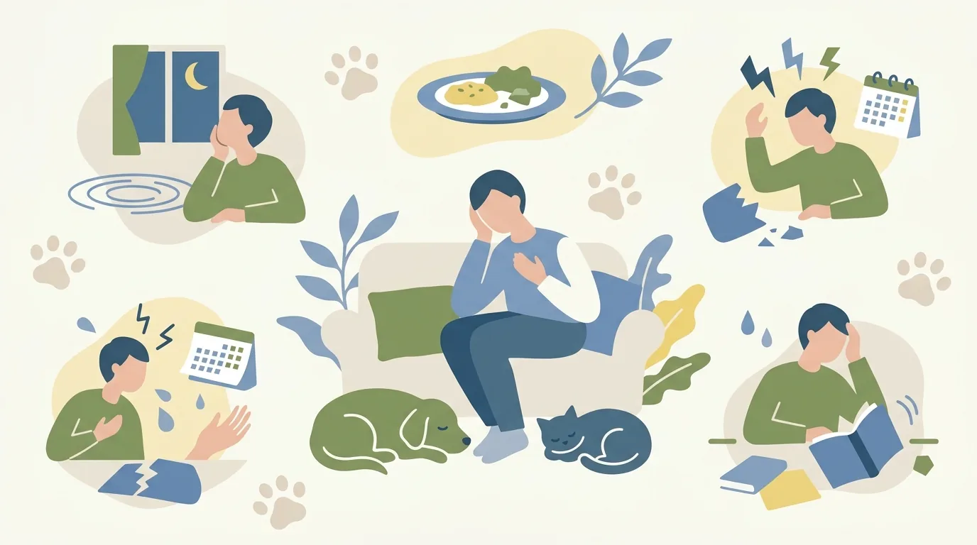 老犬介護のストレスで表れやすい5つの症状の図解 — 『これは介護疲れのサインかも』というセルフチェック視点 / 老犬 介護 ストレス