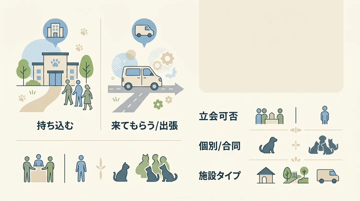 火葬場を選ぶ前に決める 3 つの軸の図解 — 立会可否 × 個別/合同 × 施設タイプ の 3 軸が選定の優先順位を決めること / ペット火葬場