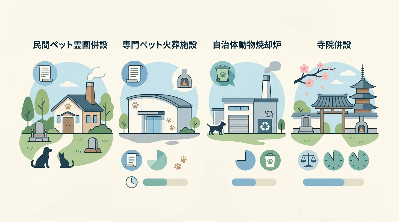 固定火葬場の 4 タイプとそれぞれの特徴の図解 — 寺院併設で読経付きプランが選べる例 / 自治体は返骨不可の例 / ペット火葬場