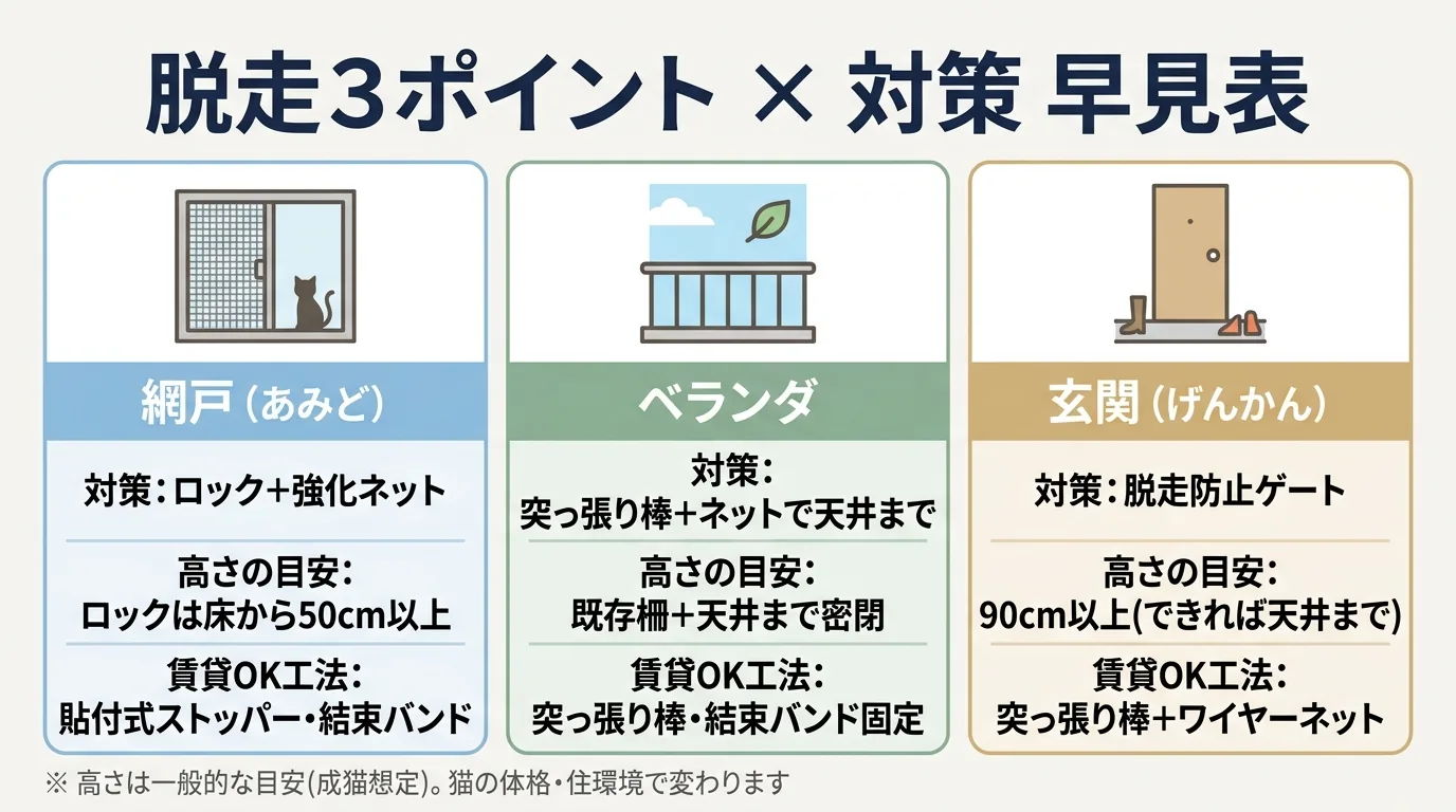 猫の脱走3ポイント(網戸・ベランダ・玄関)別の対策と推奨柵高さ・賃貸OK工法を3列で並べた早見表の図解(高さは一般的な目安)