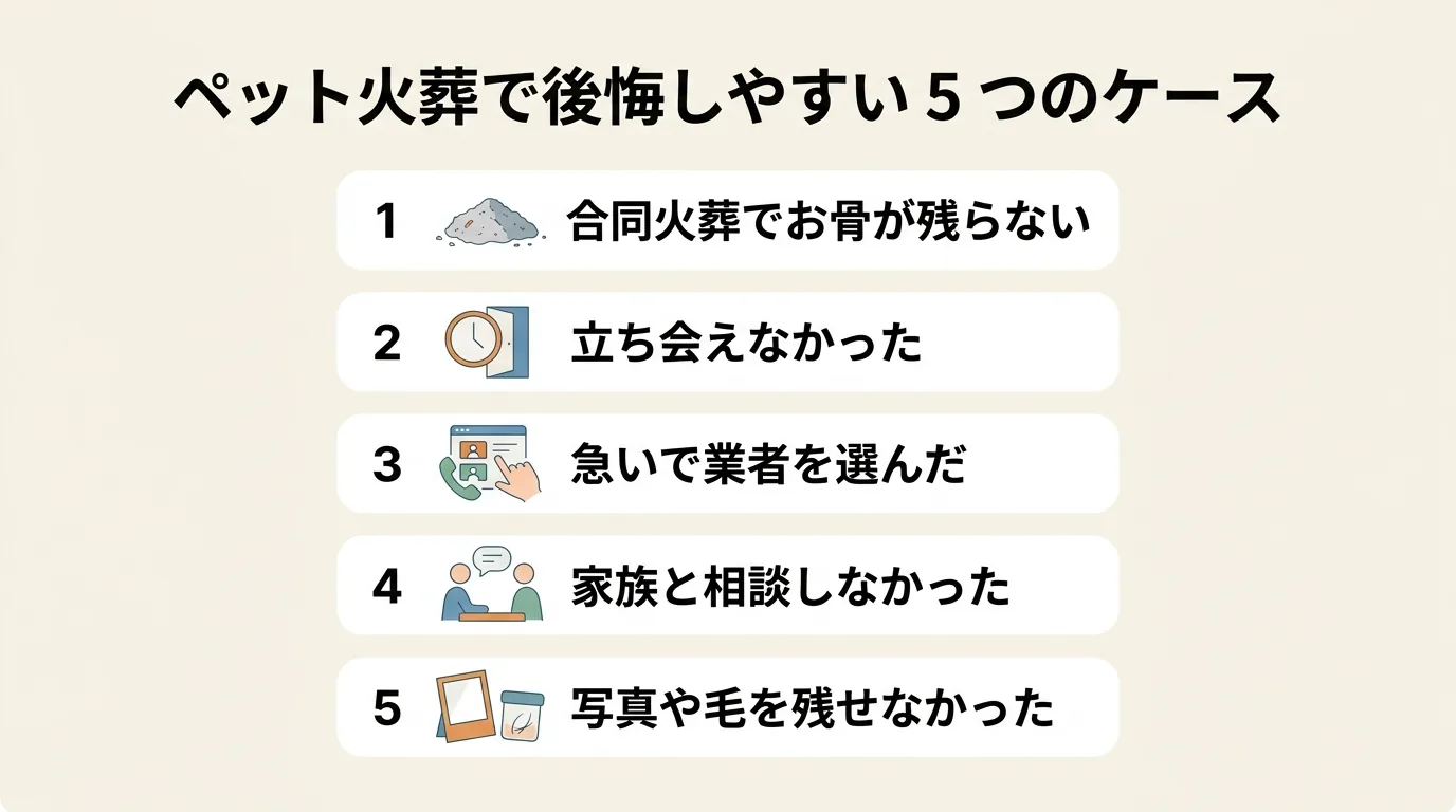 ペット火葬で後悔しやすい 5 つのケースを整理した図解。1. 合同火葬でお骨が残らない / 2. 立ち会えなかった / 3. 急いで業者を選んだ / 4. 家族と相談しなかった / 5. 写真や毛を残せなかった の 5 項目を落ち着いたトーンで並べる