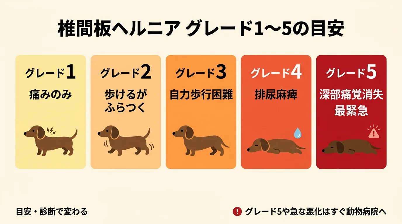 椎間板ヘルニア グレード1〜5の目安: 痛みのみ (1) / 歩けるがふらつく (2) / 自力歩行困難 (3) / 排尿麻痺 (4) / 深部痛覚消失=最緊急 (5) を 5 段階で色分けした図 / シニア犬 ヘルニア