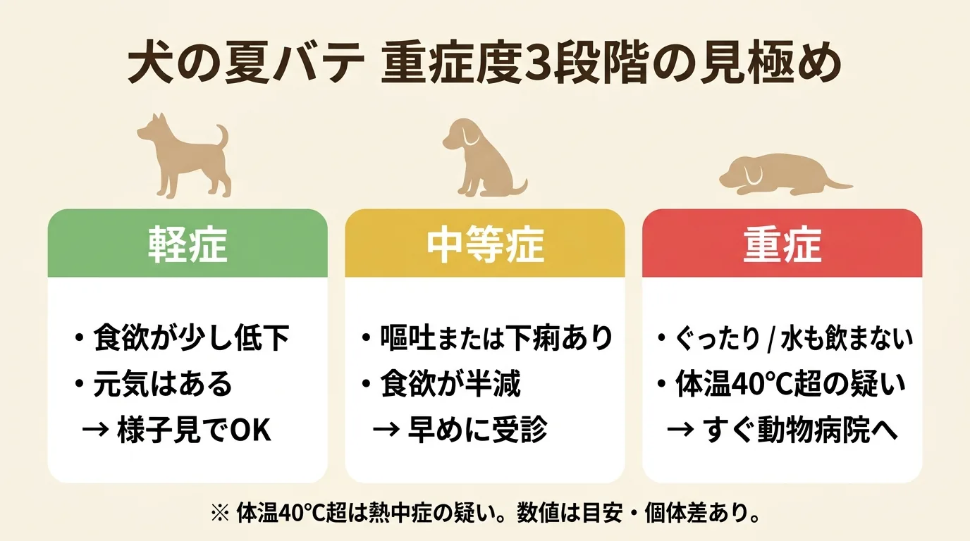 犬の夏バテ重症度を3段階で見極める日本語図解。緑=軽症 (食欲少し低下/元気あり/様子見可)、黄=中等症 (嘔吐or下痢+食欲半減/早めに受診)、赤=重症 (ぐったり・水も飲まない/すぐ動物病院)。『体温40℃超は熱中症疑い・数値は目安で個体差あり』の注記付き / 犬 夏バテ