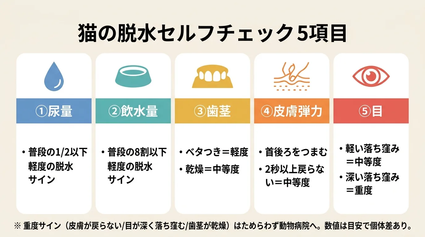 猫の脱水セルフチェック5項目の日本語図解。①尿量 (普段の1/2以下=軽度)、②飲水量 (普段の8割以下=軽度)、③歯茎 (ベタつき=軽度/乾燥=中等度)、④皮膚弾力 (首後ろをつまんで2秒以上=中等度)、⑤目 (落ち窪み=中等度〜重度)。重度サインはためらわず動物病院へ / 猫 夏バテ 脱水