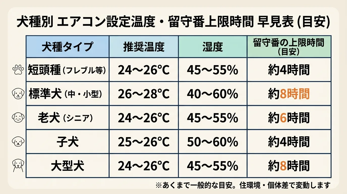 犬種別 エアコン設定温度・留守番上限時間 早見表 (目安)。短頭種 24〜26℃ / 約4時間、標準犬 26〜28℃ / 約8時間、老犬 24〜26℃ / 約6時間、子犬 25〜26℃ / 約4時間、大型犬 24〜26℃ / 約8時間 を 1 表に整理した図解 / 犬 留守番 エアコン
