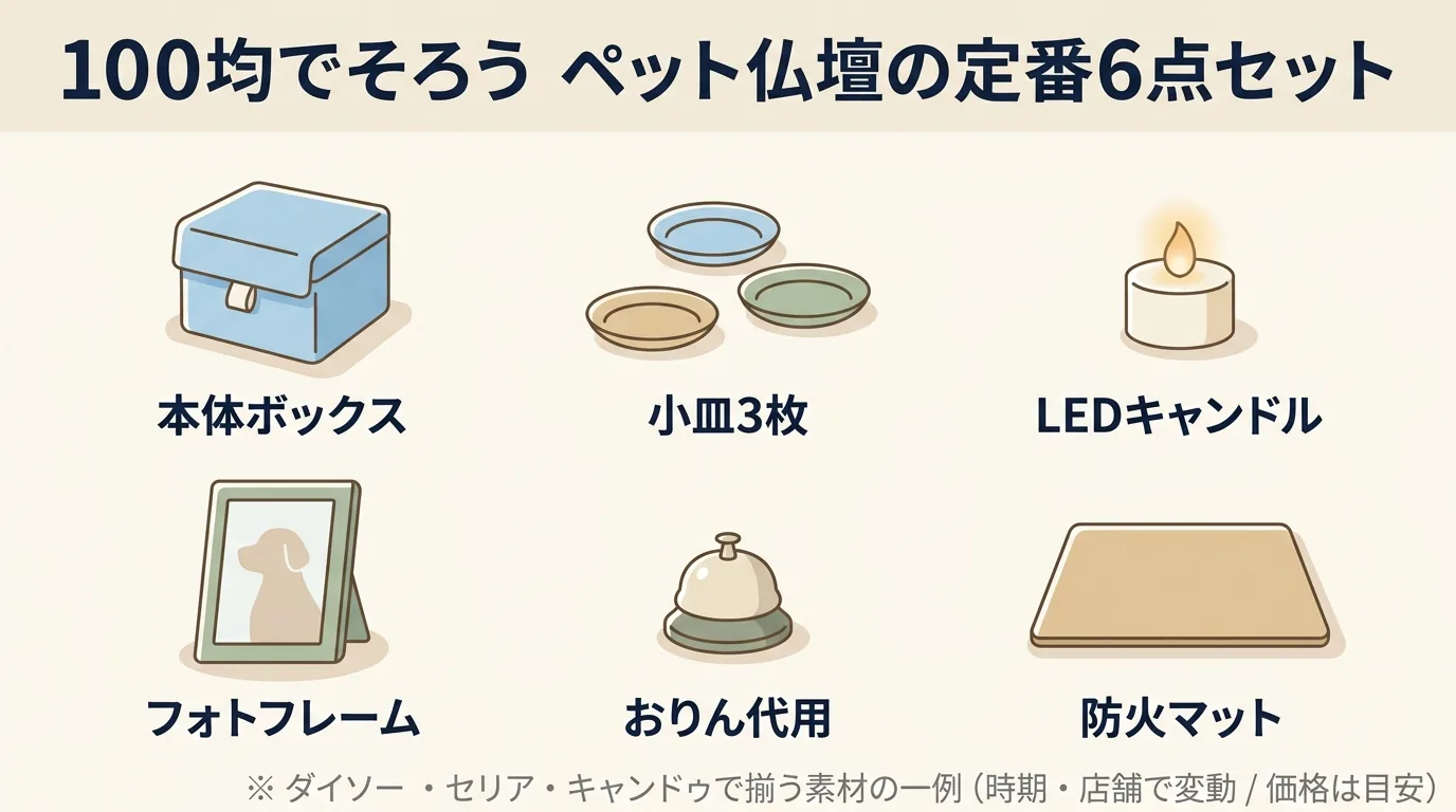 100均で揃うペット仏壇の定番6点セット(本体ボックス・小皿3枚・LEDキャンドル・フォトフレーム・おりん代用・防火マット)を並べた図解(時期・店舗で変動)