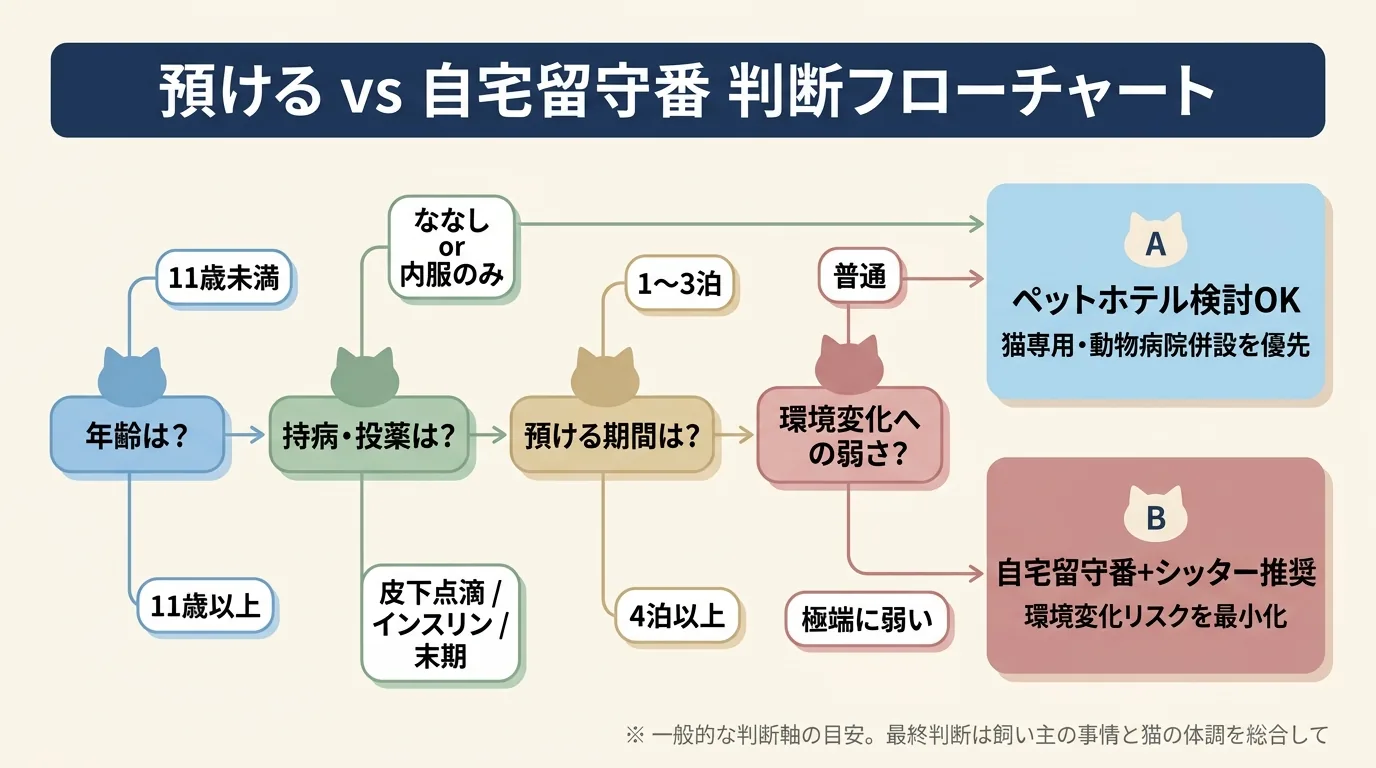 シニア猫を預ける vs 自宅留守番を選ぶための判断フローチャート(年齢・持病/投薬・期間・環境変化への弱さの4軸でペットホテル検討OKか自宅留守番+シッター推奨かを判定する図解 / 一般的な目安)