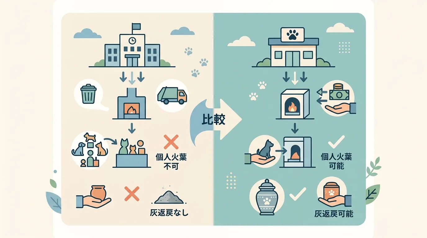 「自治体の無料火葬」と「火葬費用の補助金」は別物|構造の違いの図解 / ペット 火葬 補助金