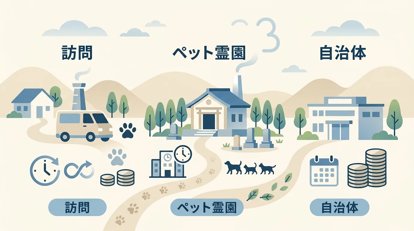 ペット火葬には3つのルートがある: 訪問・霊園・自治体の全体像の図解 — それぞれの『そもそも何が違うのか』を 1 段落 3 行で要約 / ペット 火葬 比較