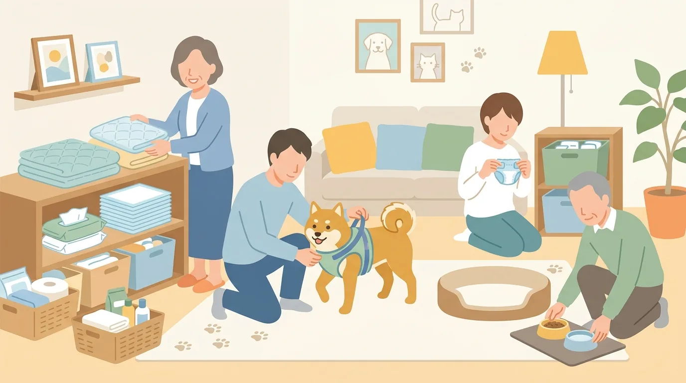 【準備リスト7項目】揃えておきたい介護グッズと優先順位の図解 — ハーネスは後ろ足が弱い犬には後肢サポート型、前後どちらも弱るなら全身支持型 /