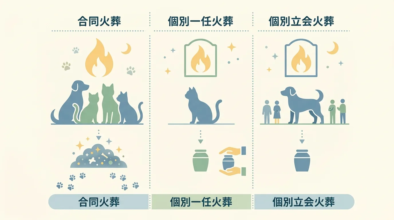 ペット火葬3プランの構造的な違いの図解 / ペット火葬 個別 合同