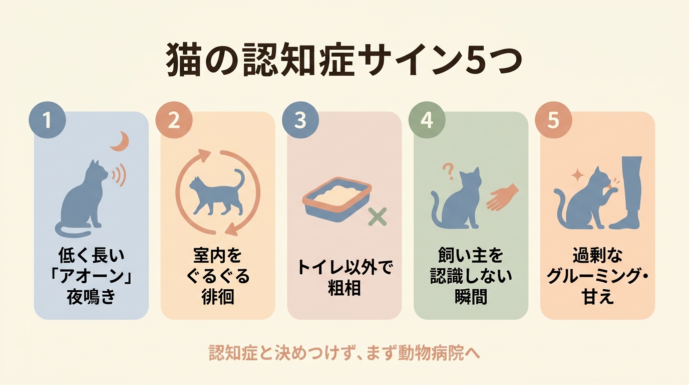 猫特有の認知症サイン5つの図解 — ①低く長い「アオーン」夜鳴き ②室内をぐるぐる徘徊 ③トイレ以外で粗相 ④飼い主を認識しない瞬間 ⑤過剰なグルーミング・甘え (下部に『認知症と決めつけず、まず動物病院へ』の注意書き / 老猫 認知症)