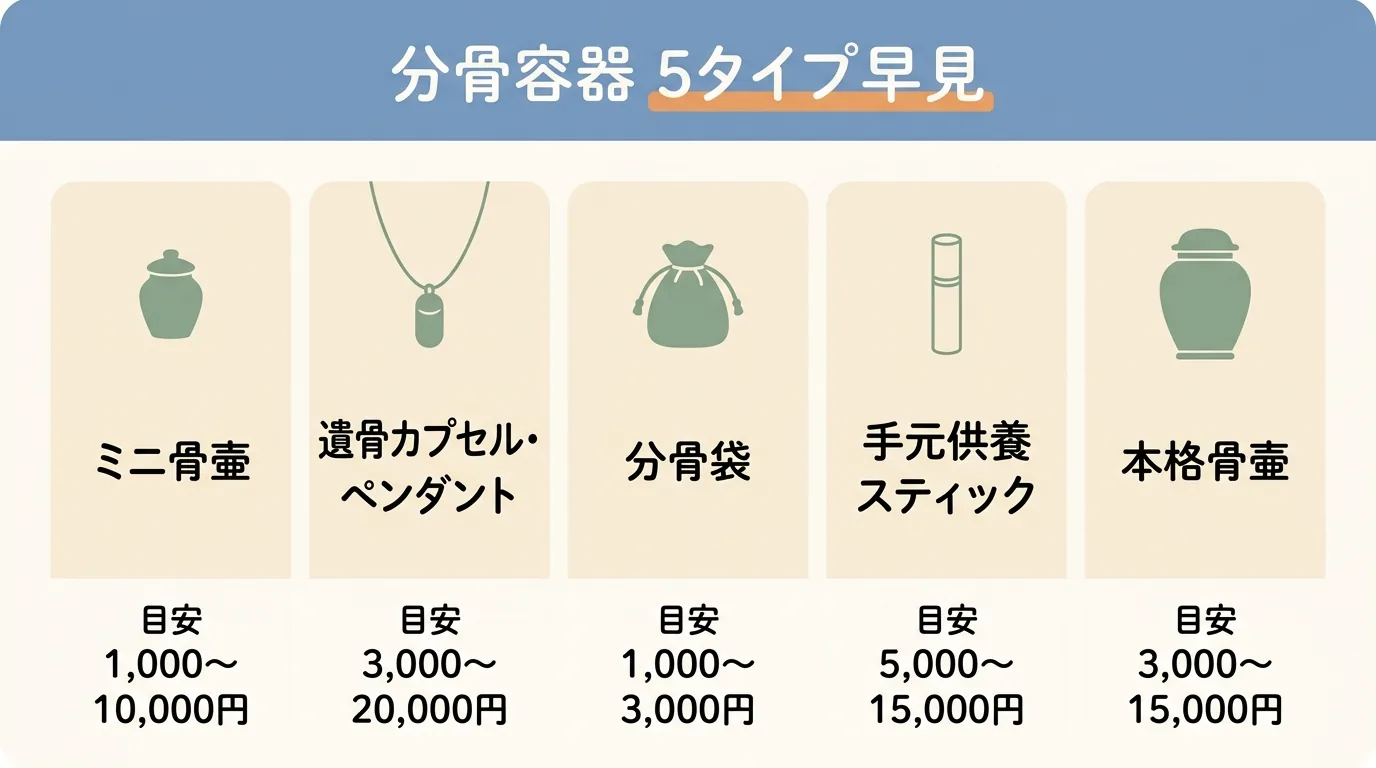 分骨容器の5タイプ早見表 (ミニ骨壷/遺骨カプセル・ペンダント/分骨袋/手元供養スティック/本格骨壷) と費用目安レンジの比較/ペット 分骨 やり方