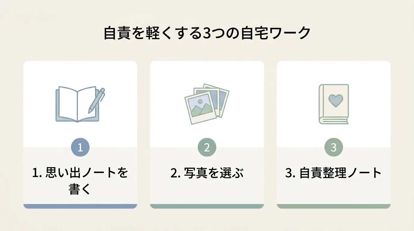 自責を軽くする3つの自宅ワーク (1. 思い出ノートを書く / 2. 写真を選ぶ / 3. 自責整理ノート) を3カードで並べた穏やかな図解 / 犬 看取り 後悔