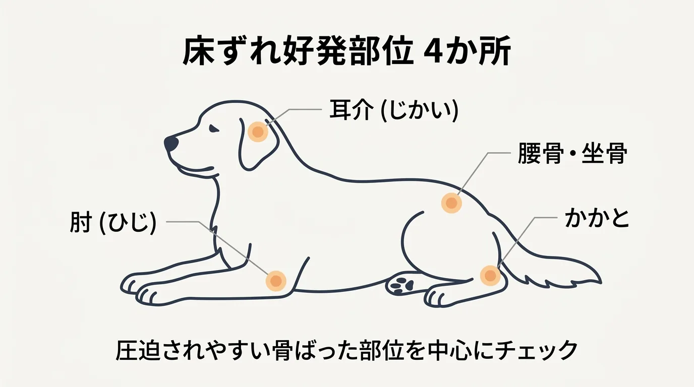 大型犬のシルエットに床ずれ好発4部位 (肘・腰骨/坐骨・かかと・耳介) をマークした図解。出血や傷は描かず部位の位置のみ表示｜大型犬 床ずれ