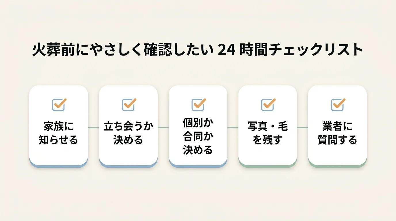 ペット火葬前にやさしく確認したい 24 時間チェックリストの図解。家族に知らせる / 立ち会うか決める / 個別か合同か決める / 写真や毛を残す / 業者に質問する を時系列で穏やかに並べる