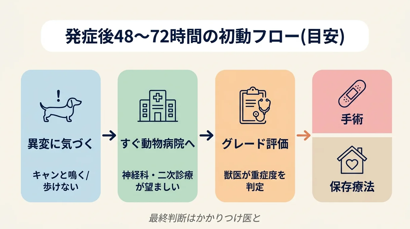 発症後48〜72時間の初動フロー(目安): 異変に気づく → すぐ動物病院へ (できれば神経科・二次診療) → グレード評価 → 手術 or 保存療法 を矢印で示したトリアージ図 / シニア犬 ヘルニア