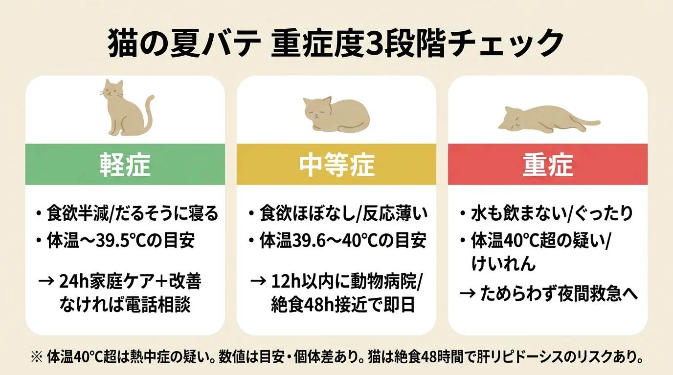 猫の夏バテ重症度を3段階で見極める日本語図解。緑=軽症 (食欲半減/体温〜39.5℃/24h家庭ケア)、黄=中等症 (食欲ほぼなし/体温39.6〜40℃/12h以内に動物病院 or 絶食48h接近で即日)、赤=重症 (水も飲まない/40℃超/けいれん/即夜間救急)。『絶食48hで肝リピドーシス』『数値は目安・個体差あり』の注記付き / 猫 夏バテ 重症度