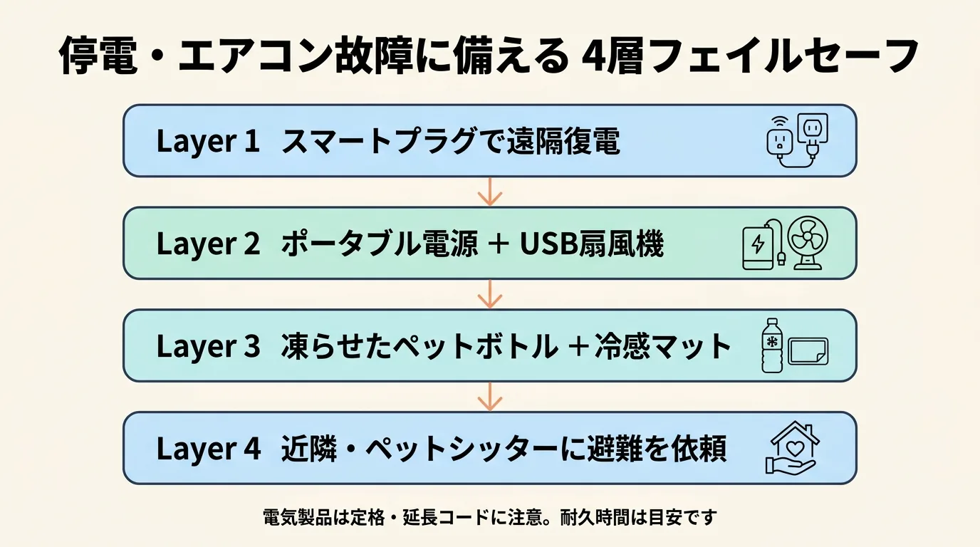 停電・エアコン故障に備える4層フェイルセーフの図解(Layer1 スマートプラグ遠隔復電 / Layer2 ポータブル電源+USB扇風機 / Layer3 凍らせたペットボトル+冷感マット / Layer4 近隣・シッターに避難依頼) / 犬 留守番 エアコン
