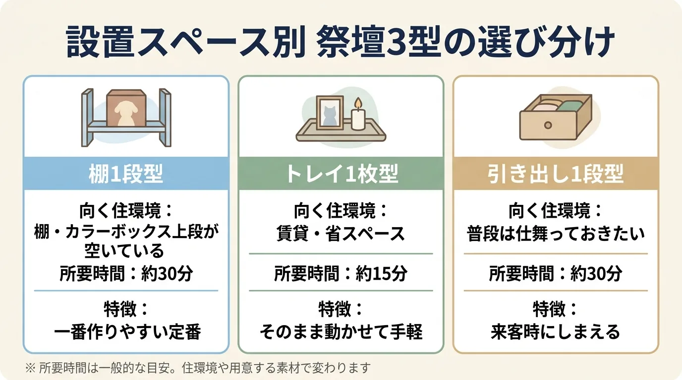 設置スペース別の祭壇3型(棚1段型・トレイ1枚型・引き出し1段型)を向く住環境・所要時間・特徴の3行で比較した早見表の図解(所要時間は目安)