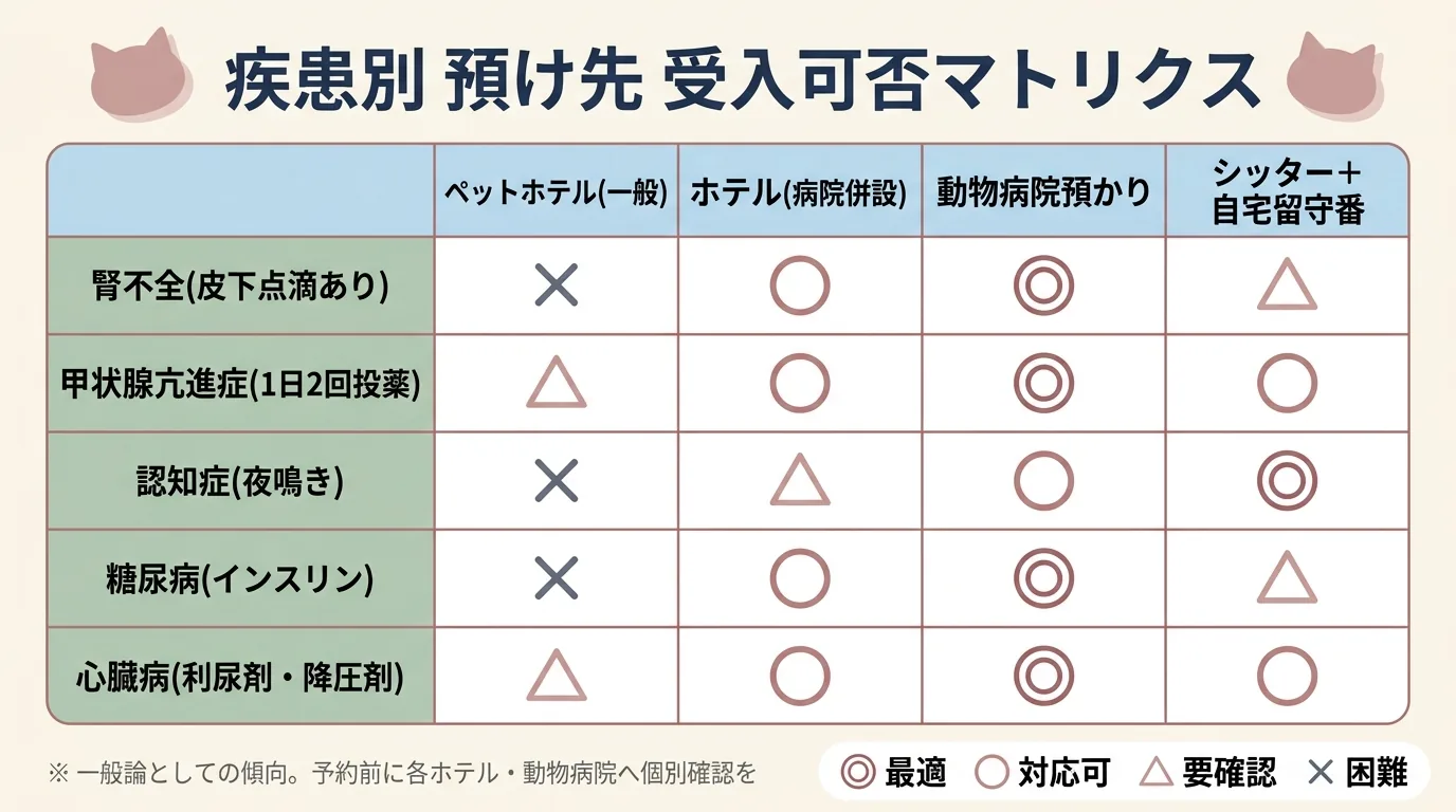 5疾患(腎不全・甲状腺亢進症・認知症・糖尿病・心臓病) × 4預け先(一般ペットホテル・病院併設ホテル・動物病院預かり・シッター+自宅留守番) の受入可否を◎○△×の4段階で示したマトリクス図解(一般的な傾向 / 予約前に個別確認)