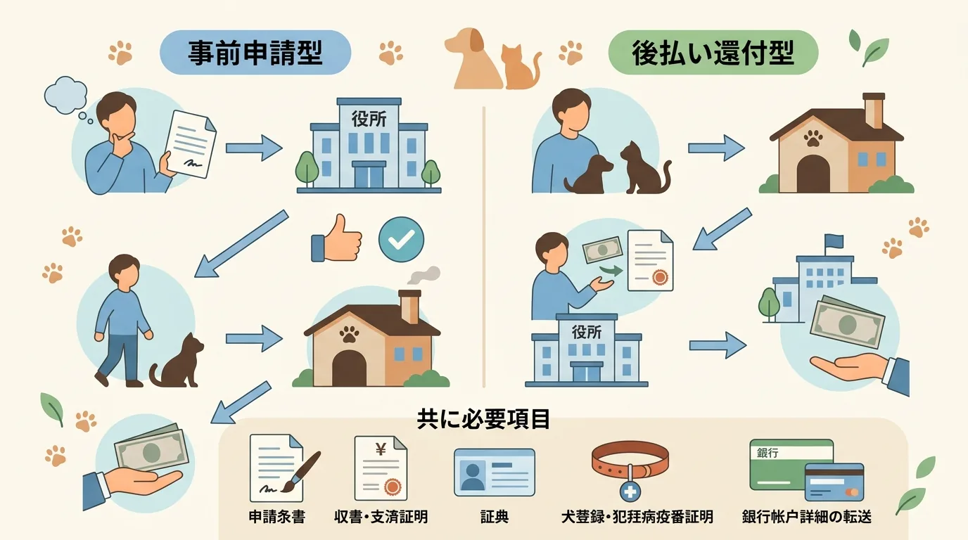 補助金の申請手順|事前申請型と後払い還付型の図解 / ペット 火葬 補助金