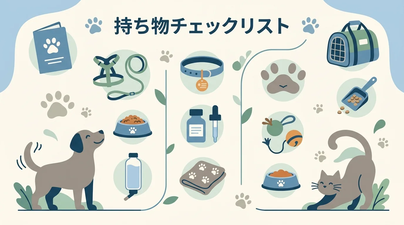 持ち物チェックリスト: 犬・猫別の必須/任意アイテムの図解 /