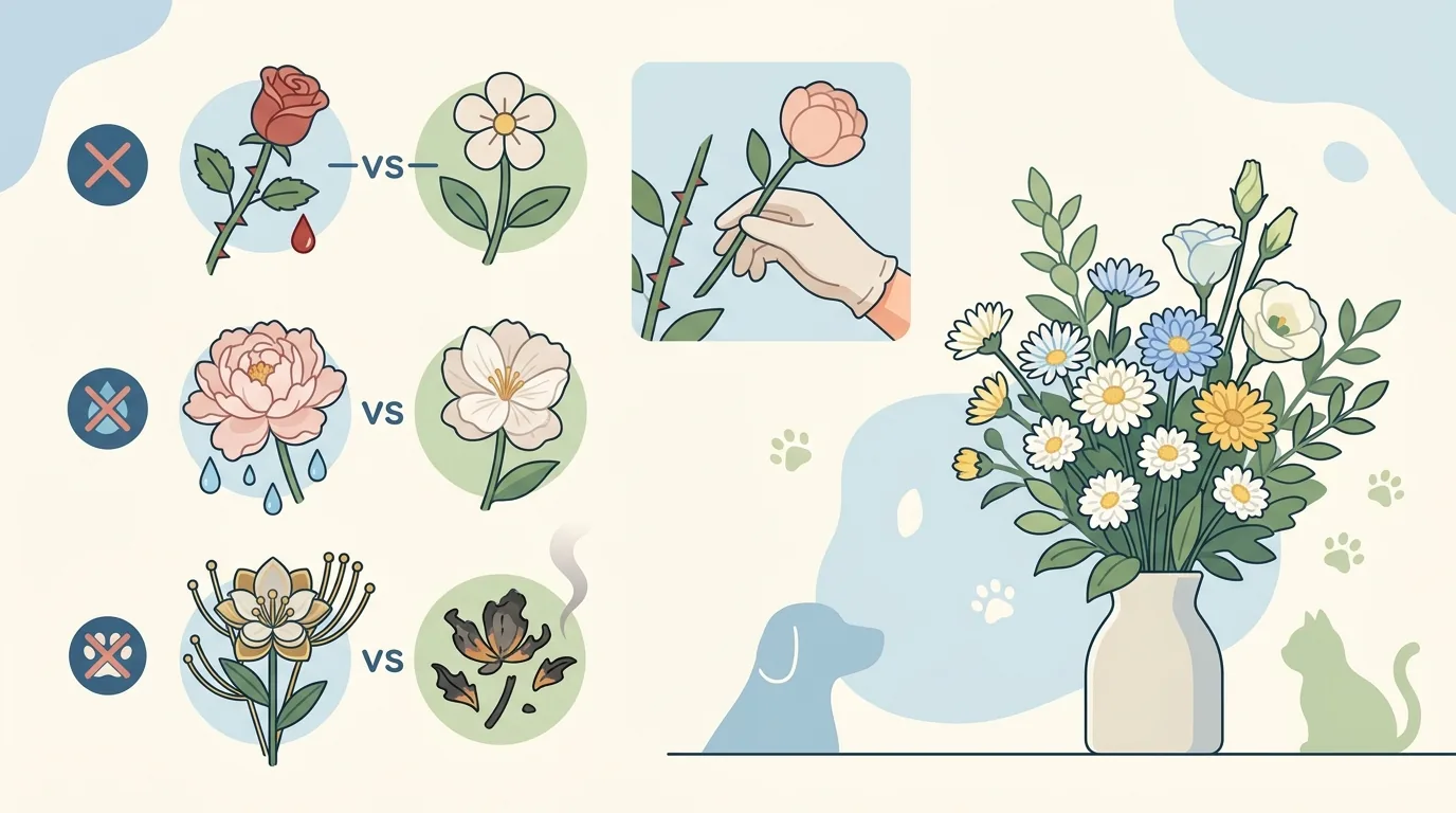避けたいタブー花と「なぜダメか」(棘・水分・燃え残り)の図解 / ペット 葬儀 花 種類