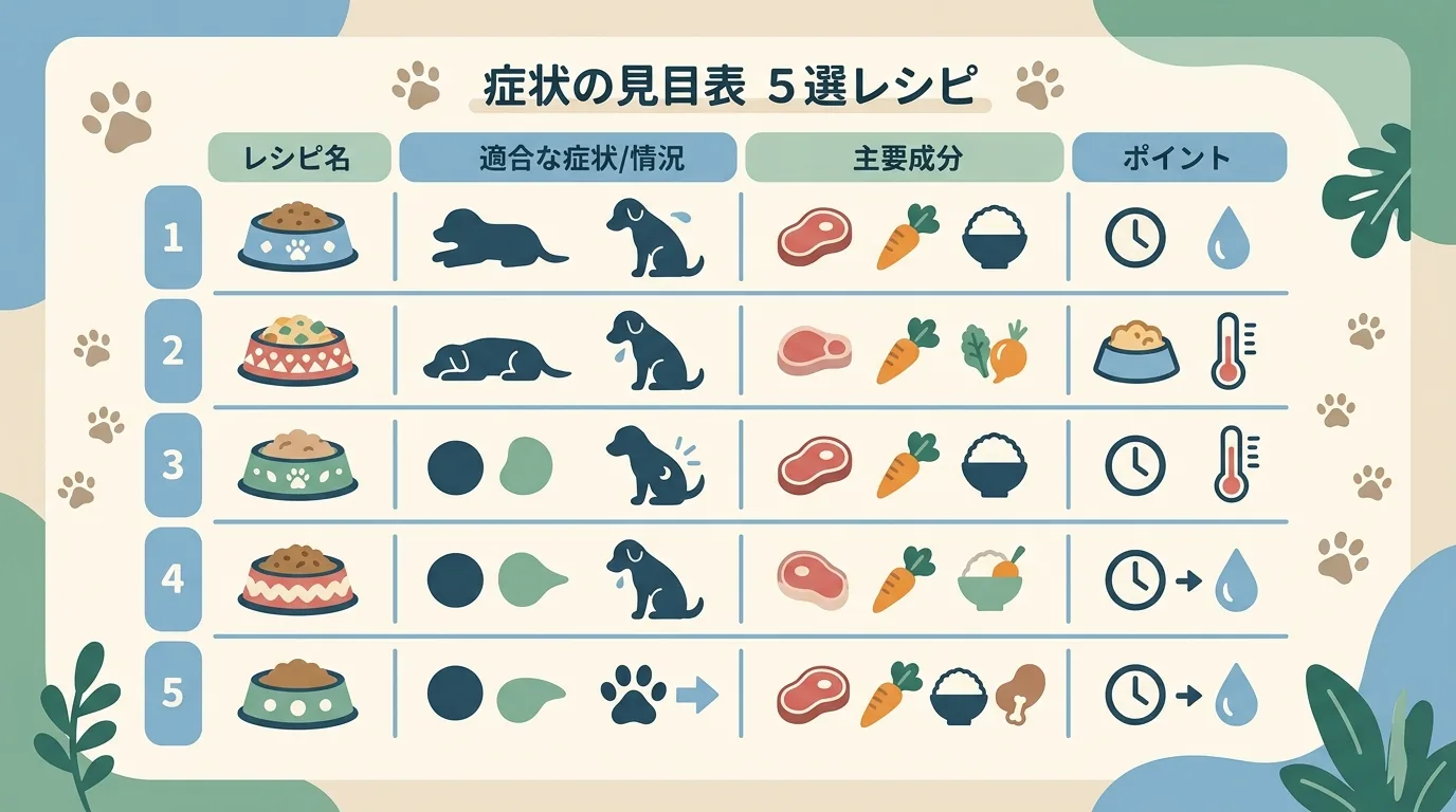 【症状別 早見表】老犬の食欲不振レシピ5選はこう使い分けるの図解 — レシピ名 × 向く症状/状態 × 主な食材 × ポイント の5行 / 老犬 食欲不振 レシピ