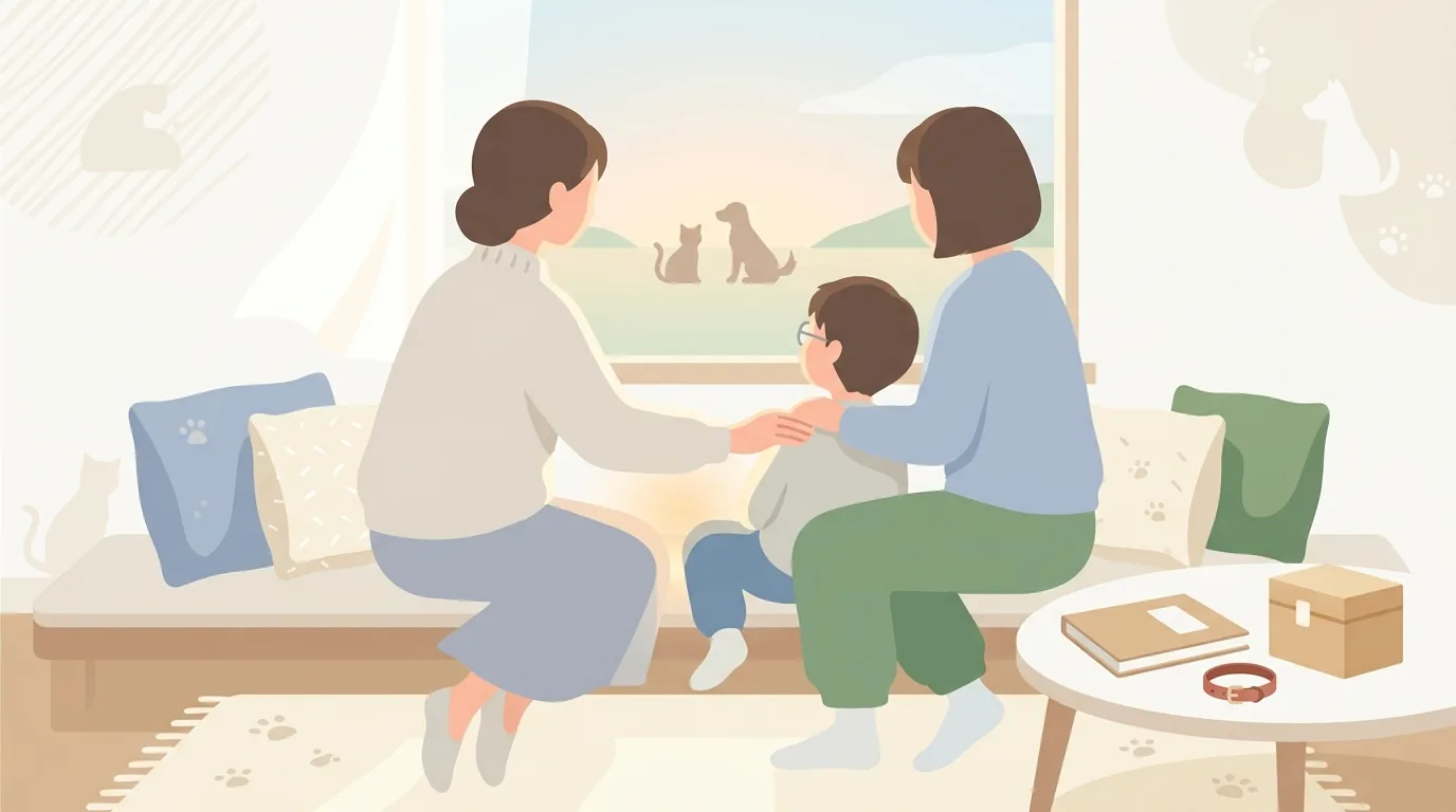 伝えた後の見守り7ステップ: 子供のグリーフに寄り添うの図解 — 子供が話したい時にいつでも聞く姿勢を見せる。沈黙も大切で、無理に話させない旨 / ペットロス 子供 ケア