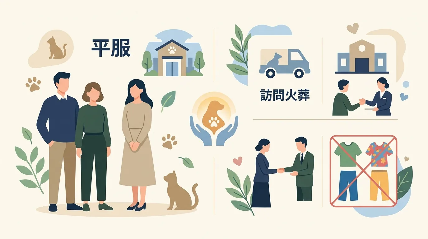 チェック1: 服装の基本と場所別の正解の図解 — 訪問火葬 / ペット霊園 / 人と同じ公共火葬場 の場所別ドレスコードを表で整理 / ペット火葬 服装