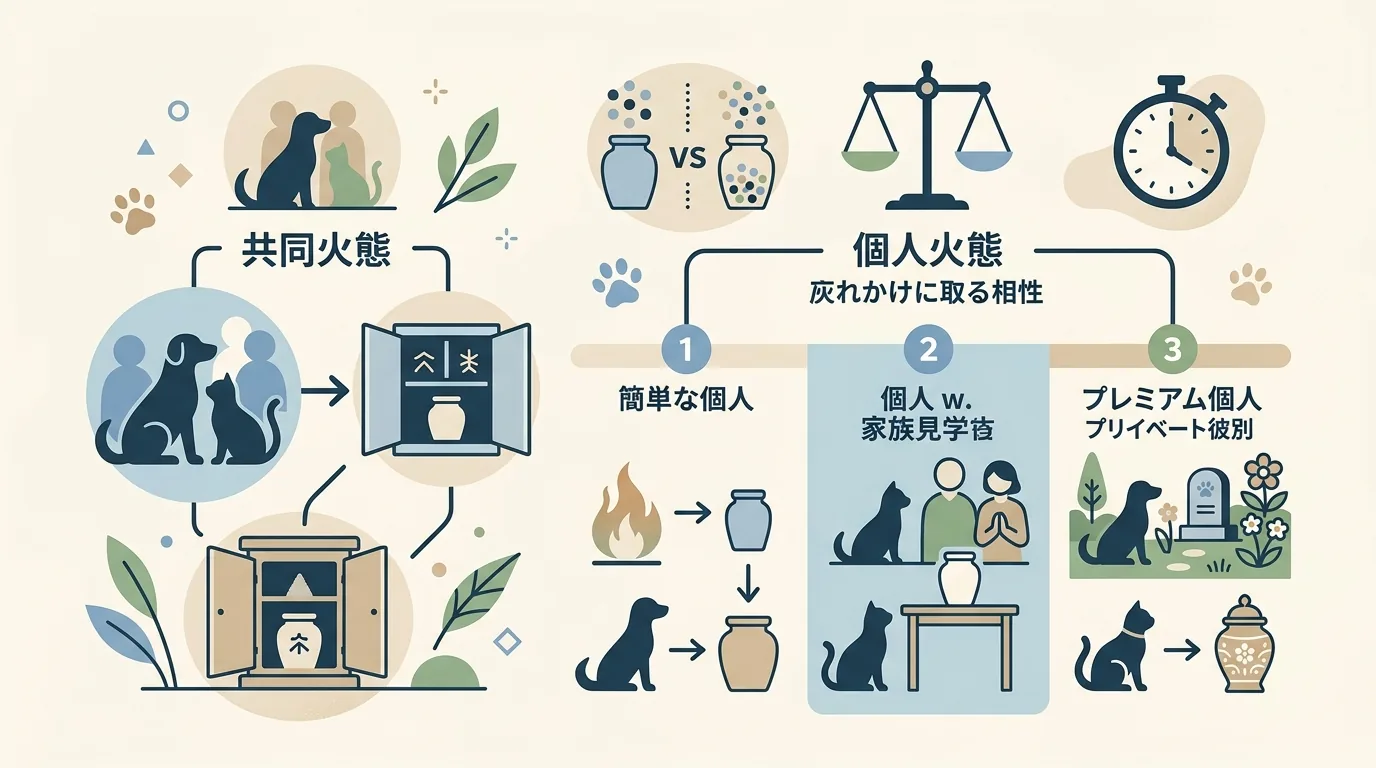 お骨を引き取れる条件: 返骨可否と形状で比較の図解 / ペット火葬 個別 合同
