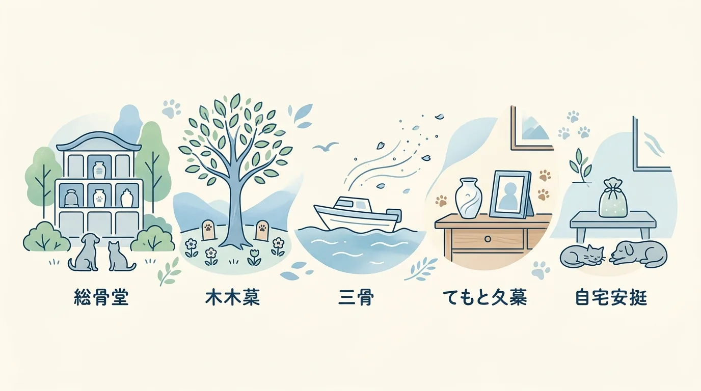 納骨堂・樹木葬・散骨・手元供養・自宅安置の特徴の図解 / ペット 供養