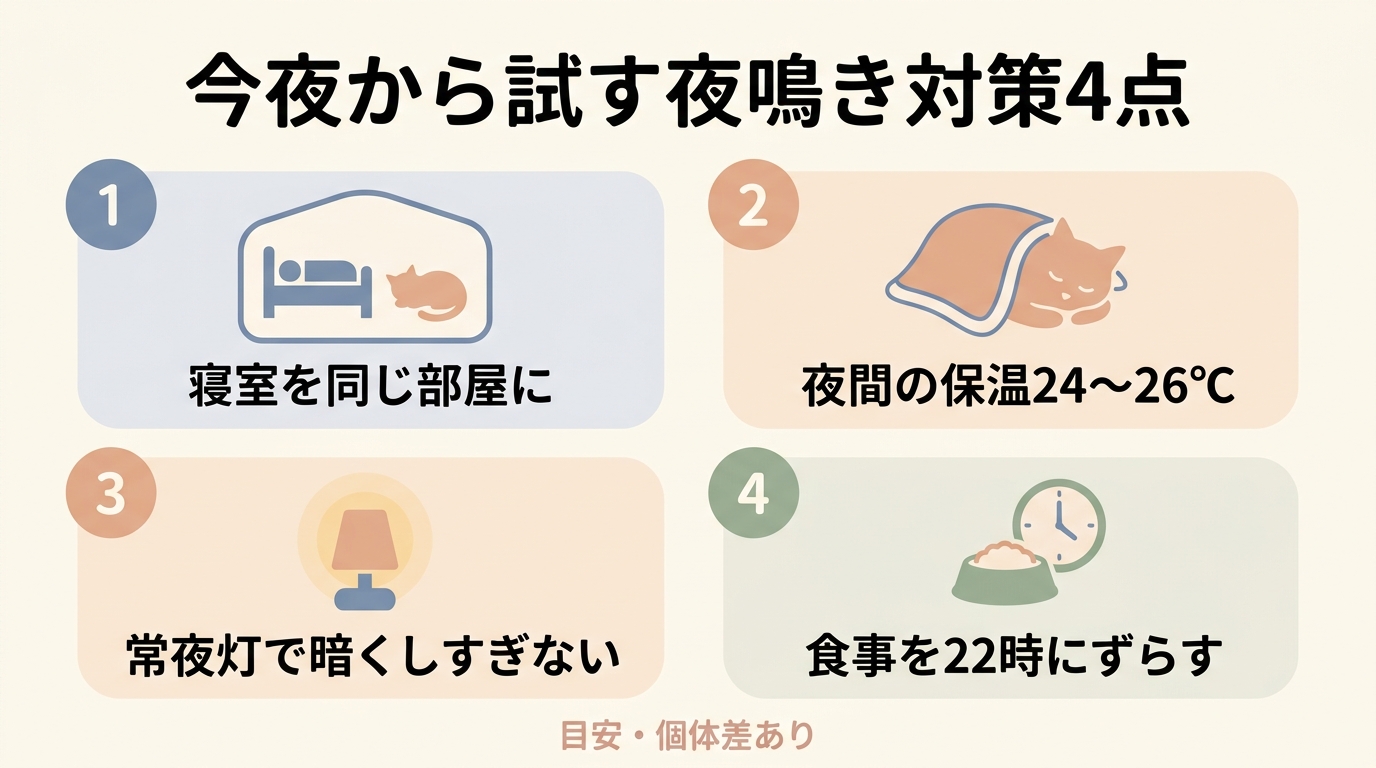 今夜から試す夜鳴き対策4点の図解 — ①寝室を同じ部屋に ②夜間の保温24〜26℃ ③常夜灯で暗くしすぎない ④食事を22時にずらす (下部に『目安・個体差あり』の注意書き / 老猫 認知症 夜鳴き対策)