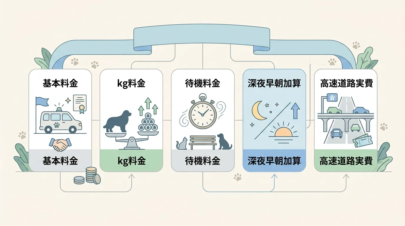 料金体系を5層で理解する：基本料金・kg料金・待機料金・深夜早朝加算・高速道路実費の図解 / ジャパン ペット タクシー 料金
