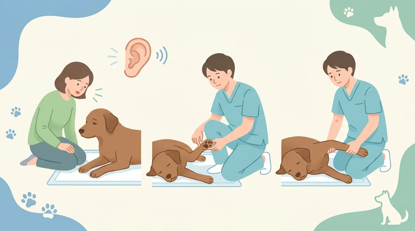 意識レベルの簡易判定3段階チェックの図解 / 犬 倒れた 対応