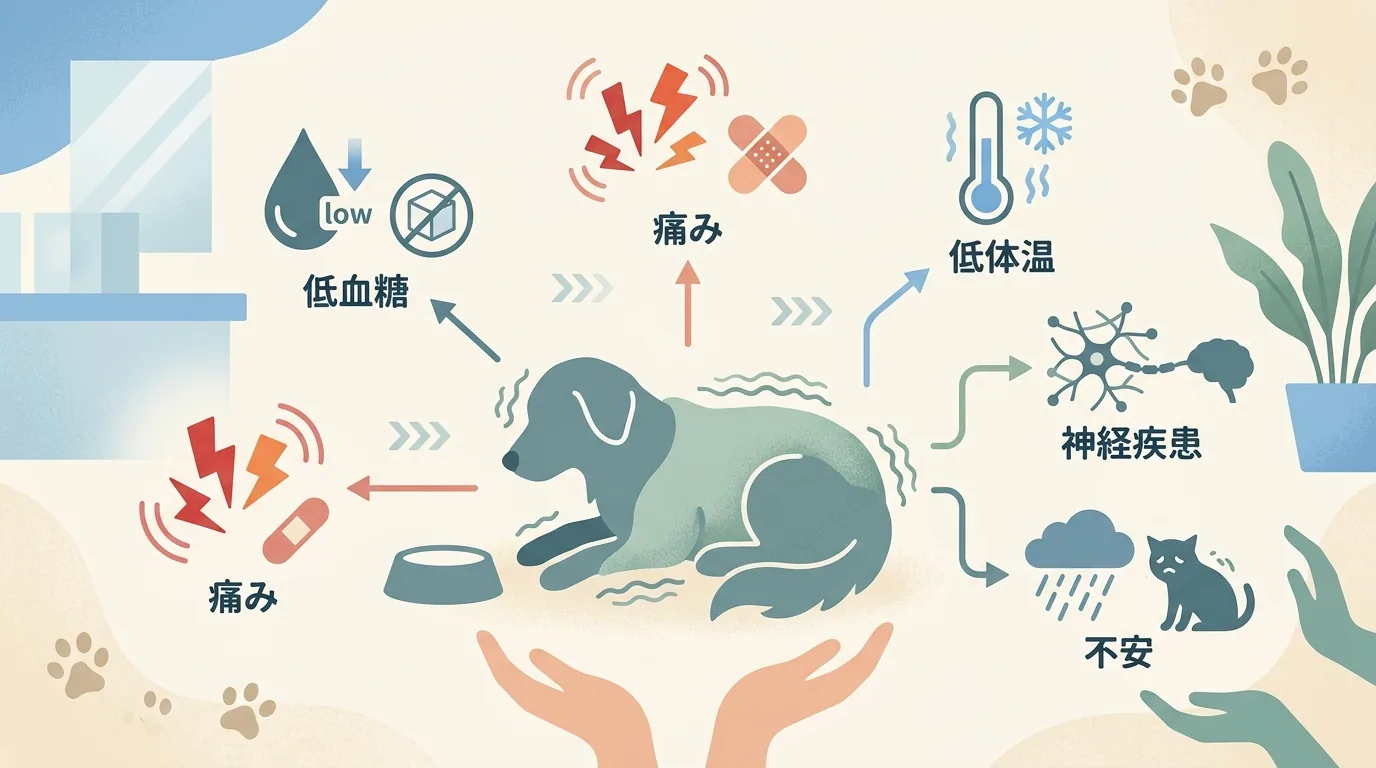 この震えはどれ?5 原因の鑑別サイン: 低血糖・痛み・低体温・神経疾患・不安の図解 / 老犬 震え 食欲不振